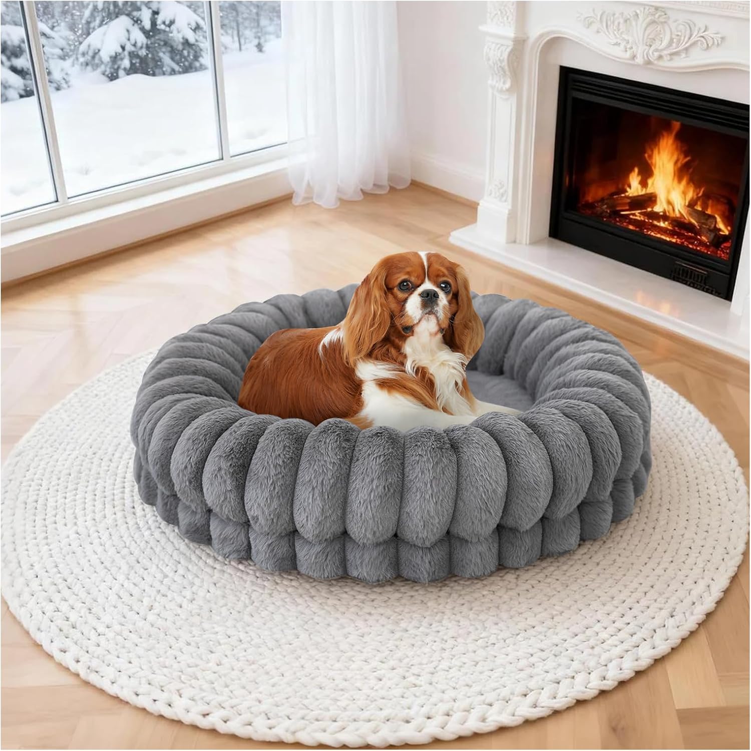 BALANCE Luxury Donut Dog Bed, 23 Inches Round Dog Beds for Small Dogs Washable, Orthopedic Calming Pet Bed for Puppy and Cats with Anti-Slip Bottom, cream